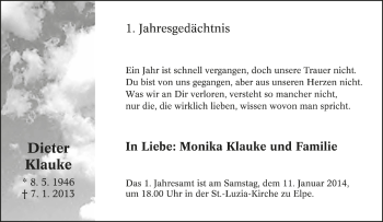Traueranzeige von Dieter Klauke von Tageszeitung